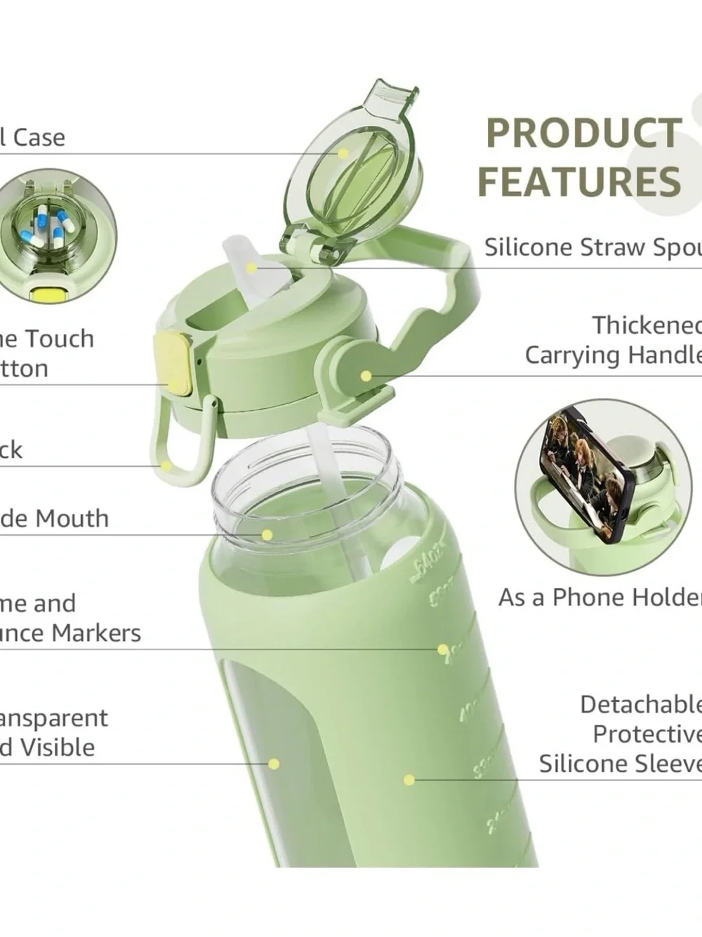 64 fl oz Wide Mouth Glass Water Bottle Green Silicone Sleeve, Flip-Top, Straw